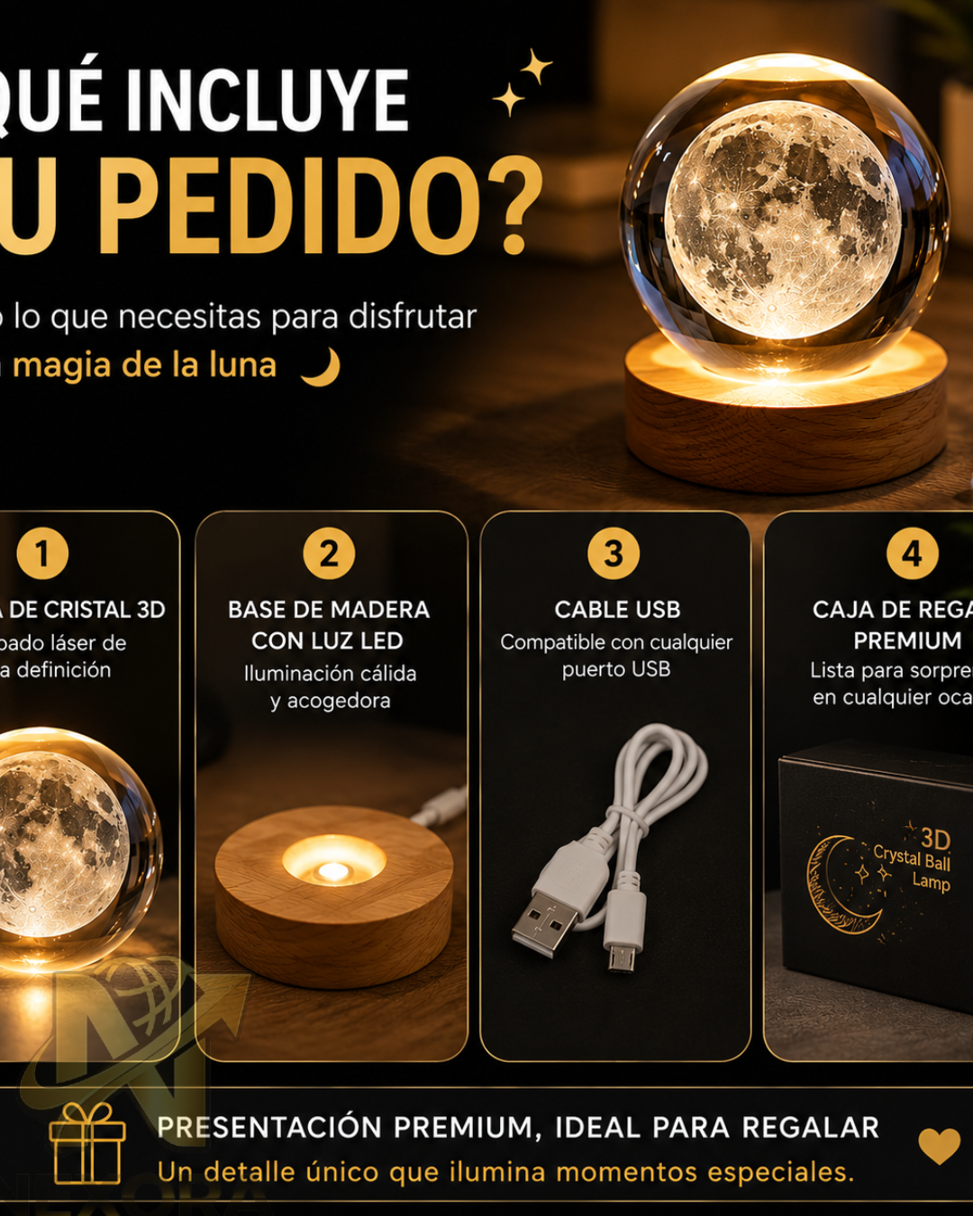 🌕 Lámpara Luna de Cristal 3D LED