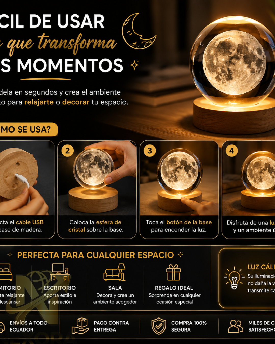 🌕 Lámpara Luna de Cristal 3D LED